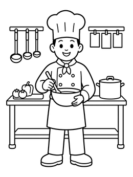Free printable Friendly Chef Mixing Ingredients In Kitchen coloring page