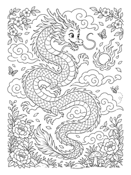 Free printable Friendly Chinese Dragon With Flaming Pearl coloring page
