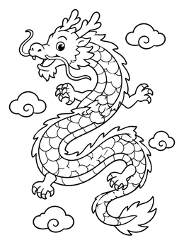 Free printable Friendly Chinese Dragon Flying In Clouds coloring page