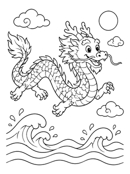 Free printable Friendly Chinese Dragon Over Ocean Waves coloring page