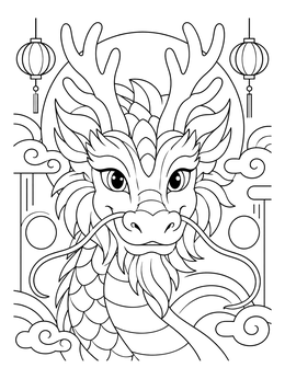 A friendly chinese dragon coloring page with long whiskers, antlers, and festive lanterns.