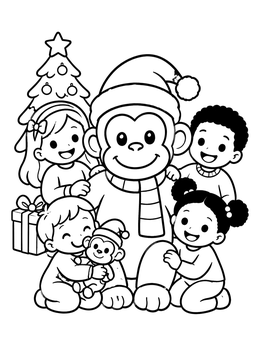 A sweet christmas monkey coloring page with happy toddlers and holiday decorations.