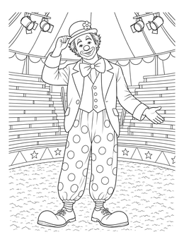 A smiling performer greets viewers in this detailed clown coloring page set inside a grand arena.