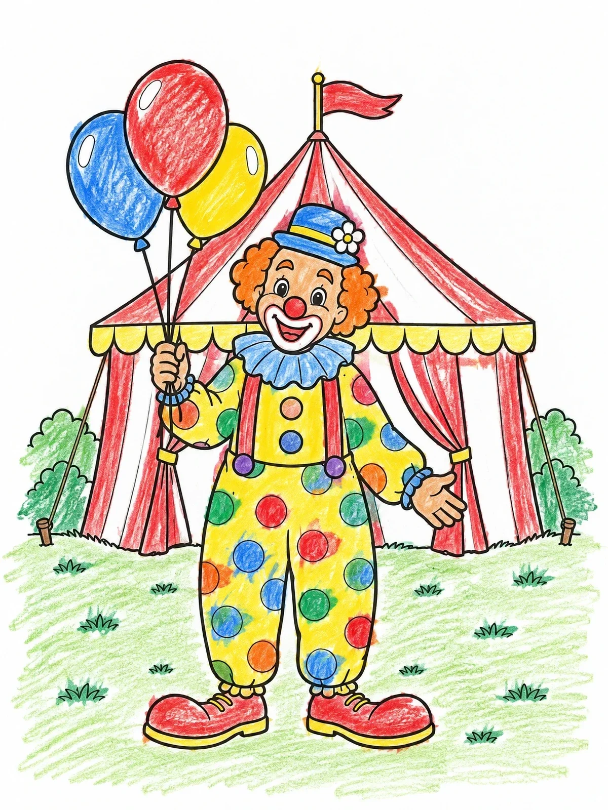 Colored example of the Friendly Circus Clown With Balloons coloring page