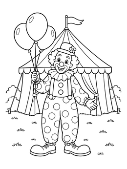 A friendly circus clown coloring page holding balloons outside a big top tent.