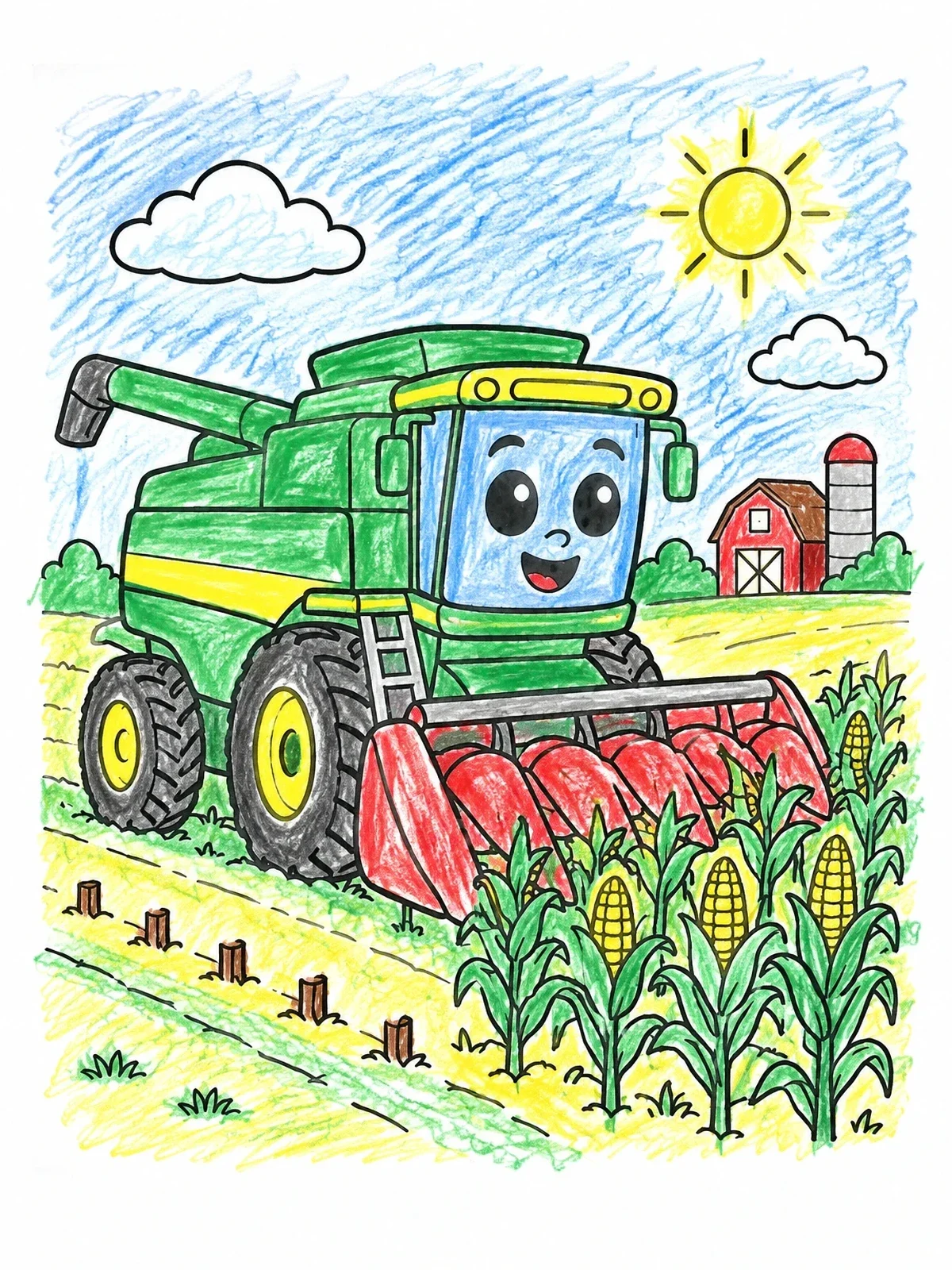 Colored example of the Friendly Combine Harvester In Cornfield coloring page
