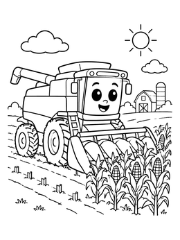 Free printable Friendly Combine Harvester In Cornfield coloring page