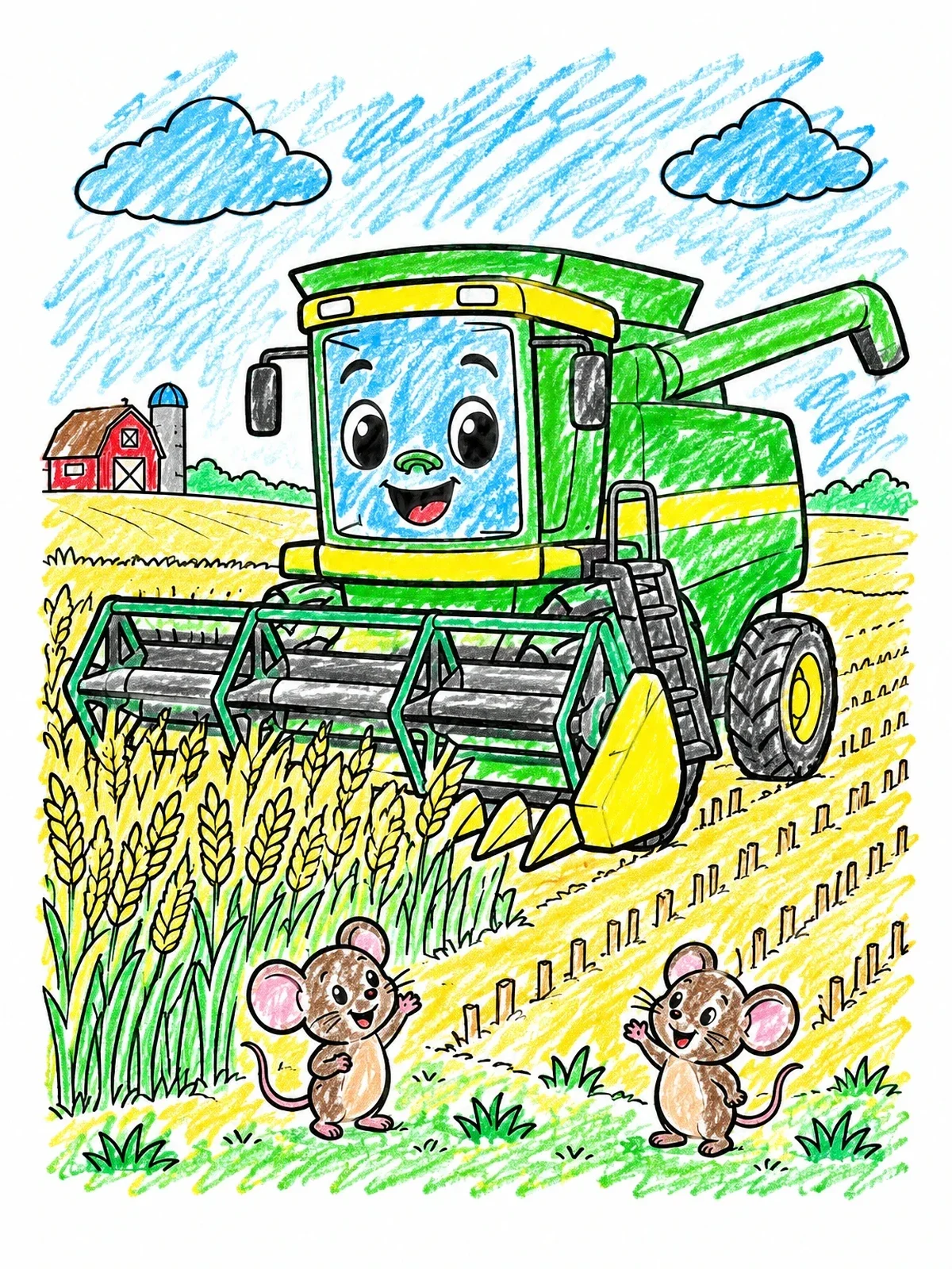 Colored example of the Friendly Combine Harvester With Field Mice coloring page