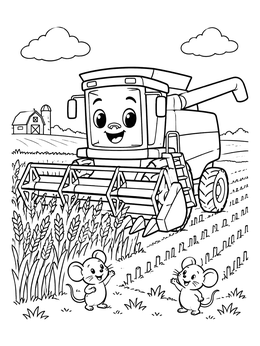 Free printable Friendly Combine Harvester With Field Mice coloring page