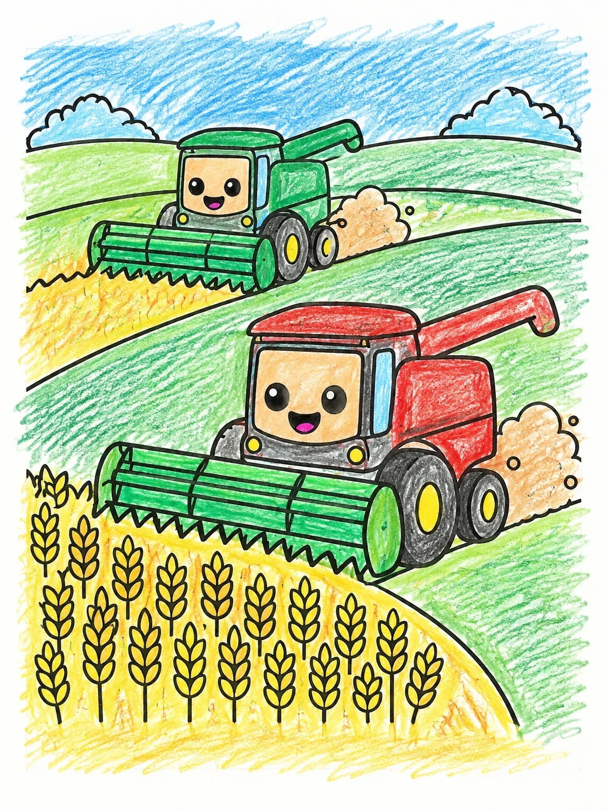 Colored example of the Friendly Combine Harvesters In Wheat Field coloring page