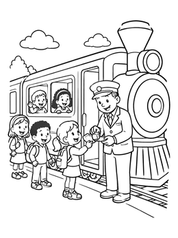 Free printable Friendly Conductor Checking Train Tickets coloring page