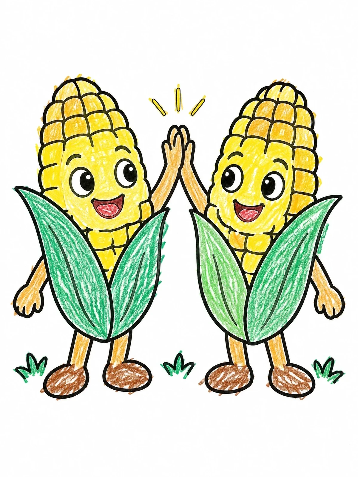 Colored example of the Friendly Corn Cobs High Five coloring page
