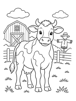 A friendly cow standing by a barn and scarecrow on this farm coloring page.