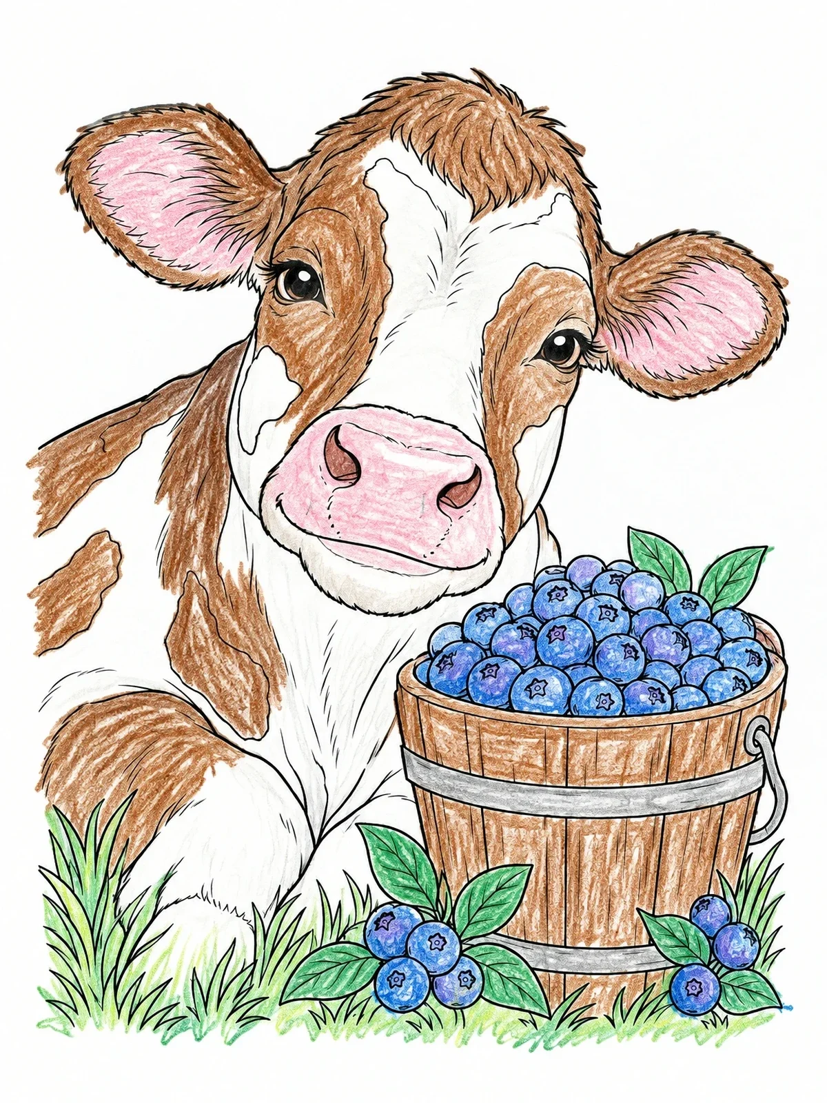 Colored example of the Friendly Cow With Blueberry Bucket coloring page