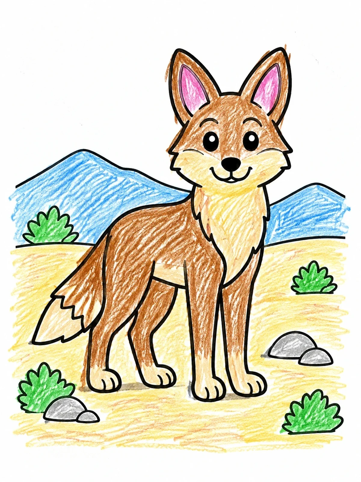 Colored example of the Friendly Coyote In The Desert coloring page