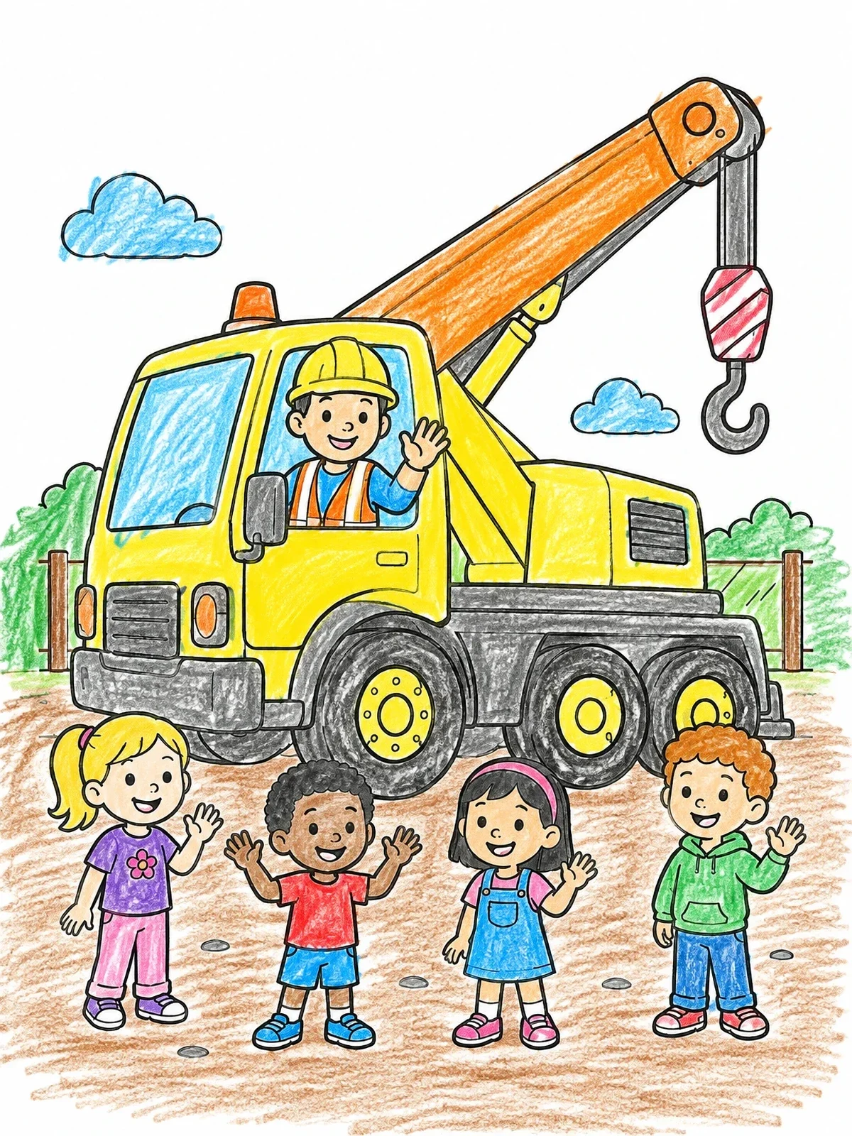 Colored example of the Friendly Crane Operator And Children coloring page