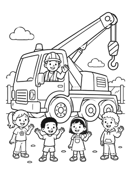Free printable Friendly Crane Operator And Children coloring page
