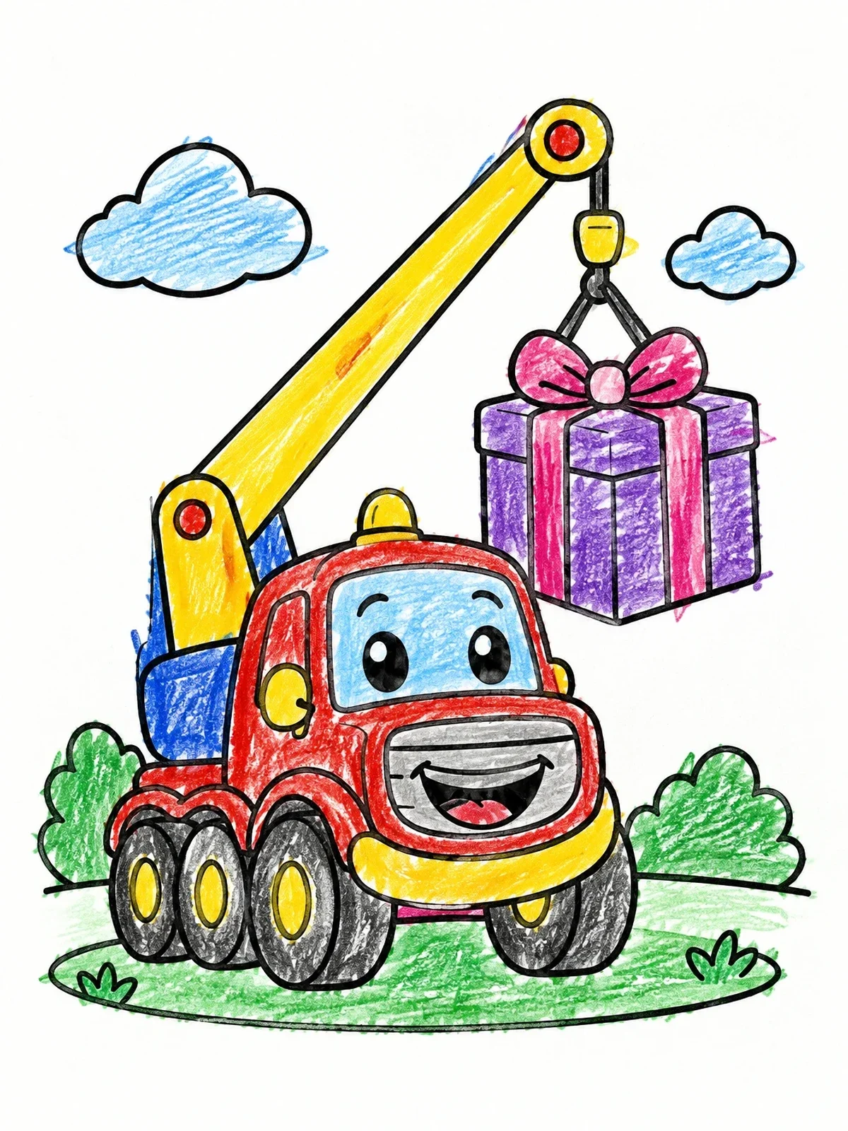 Colored example of the Friendly Crane Truck Lifting Gift coloring page