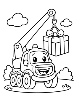 Free printable Friendly Crane Truck Lifting Gift coloring page
