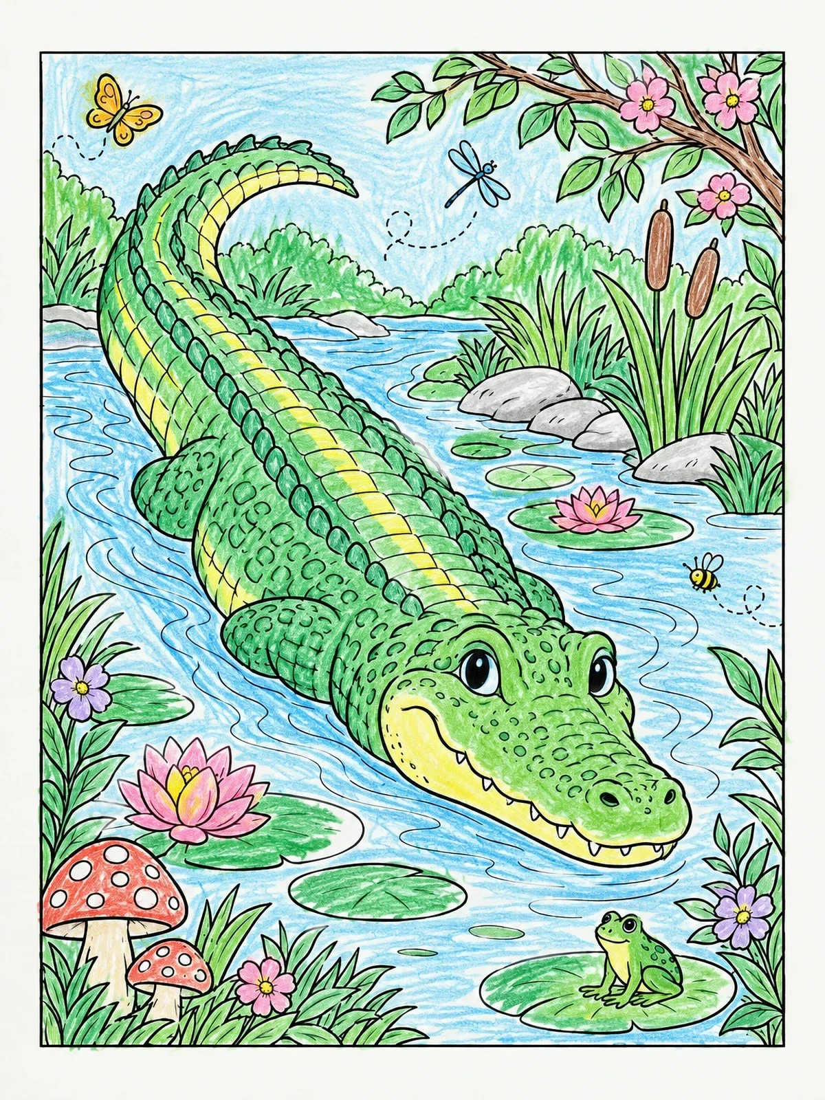 Colored example of the Friendly Crocodile Swimming In Swamp coloring page