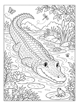 A friendly crocodile coloring page with a little frog and water lilies in a river.
