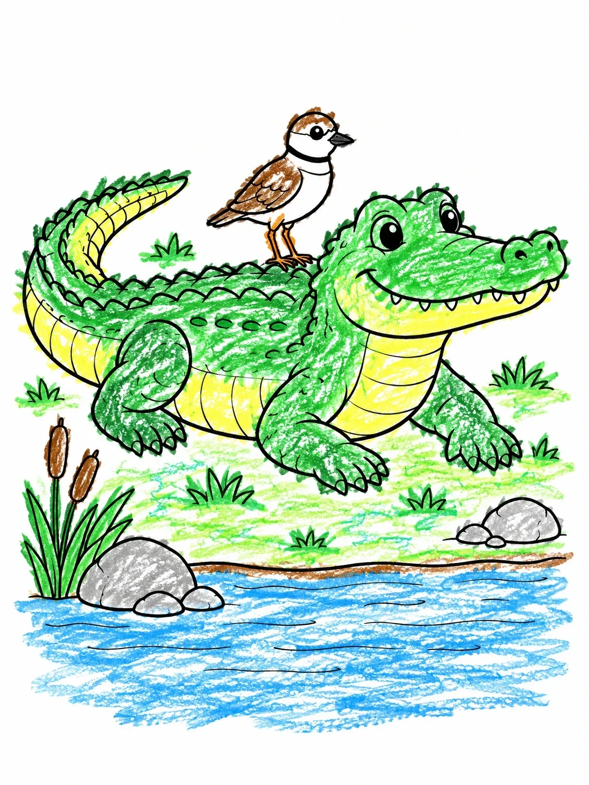 Colored example of the Friendly Crocodile With Plover Bird coloring page
