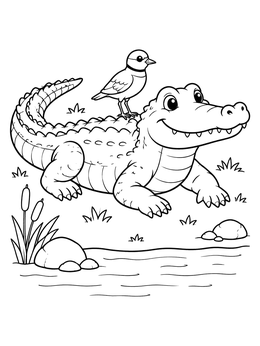 A cheerful alligator rests by the water in this cute crocodile coloring page with a little bird on its back.