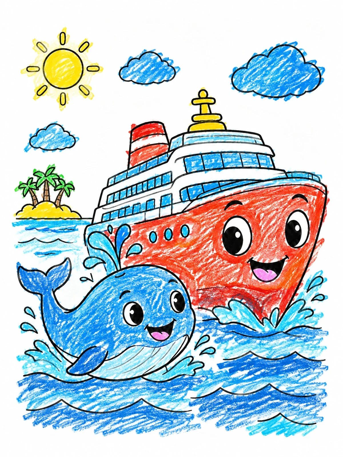 Colored example of the Friendly Cruise Ship And Little Whale coloring page