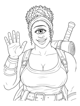 A friendly cyclops coloring page showing a female giant with a travel pack waving hello.