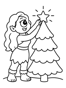Free printable Friendly Cyclops Decorating A Tree coloring page