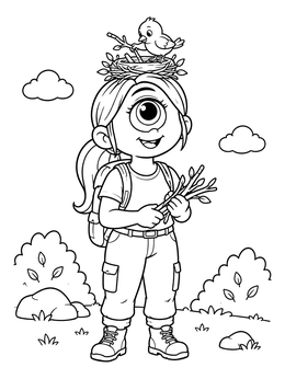 Free printable Friendly Cyclops Girl With Nesting Bird coloring page