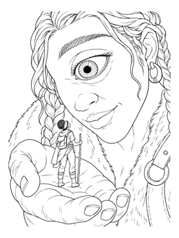 A gentle giant admires a tiny explorer on this detailed cyclops coloring page.