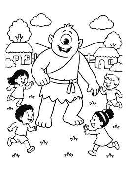 Free printable Friendly Cyclops Playing With Village Children coloring page