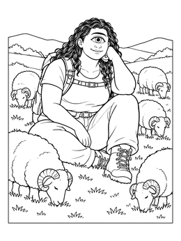 A friendly cyclops coloring page showing a female cyclops hiker resting in a meadow with sheep.