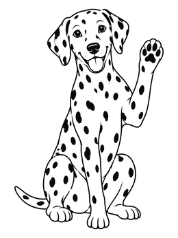 A friendly dalmatian coloring page featuring a sitting spotted pup waving its paw.