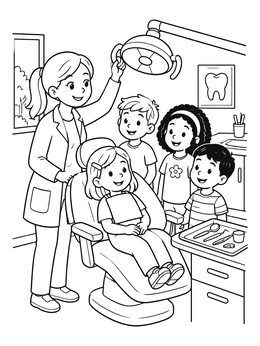 A friendly dentist adjusts the examination light in this cute dentist coloring page.