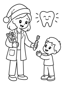 A friendly dentist coloring page with a woman in a Santa hat giving a toothbrush to a boy.
