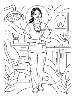 A smiling doctor holds a clipboard in this dentist coloring page.