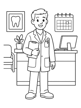 A friendly male dentist holding a clipboard in this dentist coloring page.
