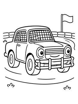 A cheerful derby car coloring page featuring a smiling car with window mesh on a dirt track.