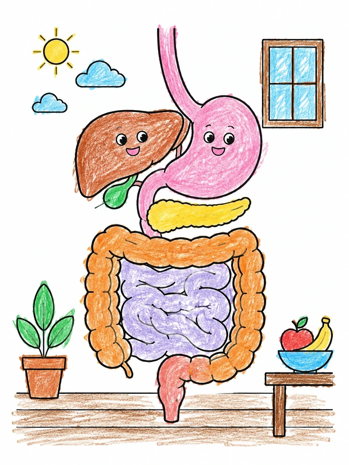 Colored example of the Friendly Digestive System Diagram coloring page