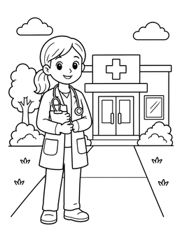 Free printable Friendly Doctor In Front Of Clinic coloring page