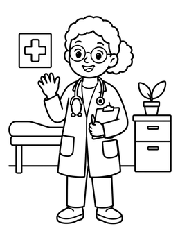 Free printable Friendly Doctor Waving In Clinic coloring page