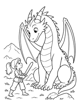 A friendly dragon coloring page featuring a gentle beast meeting a young girl holding a practice sword.