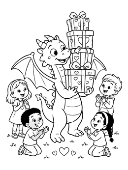Free printable Friendly Dragon Delivering Valentine Gifts To Children coloring page