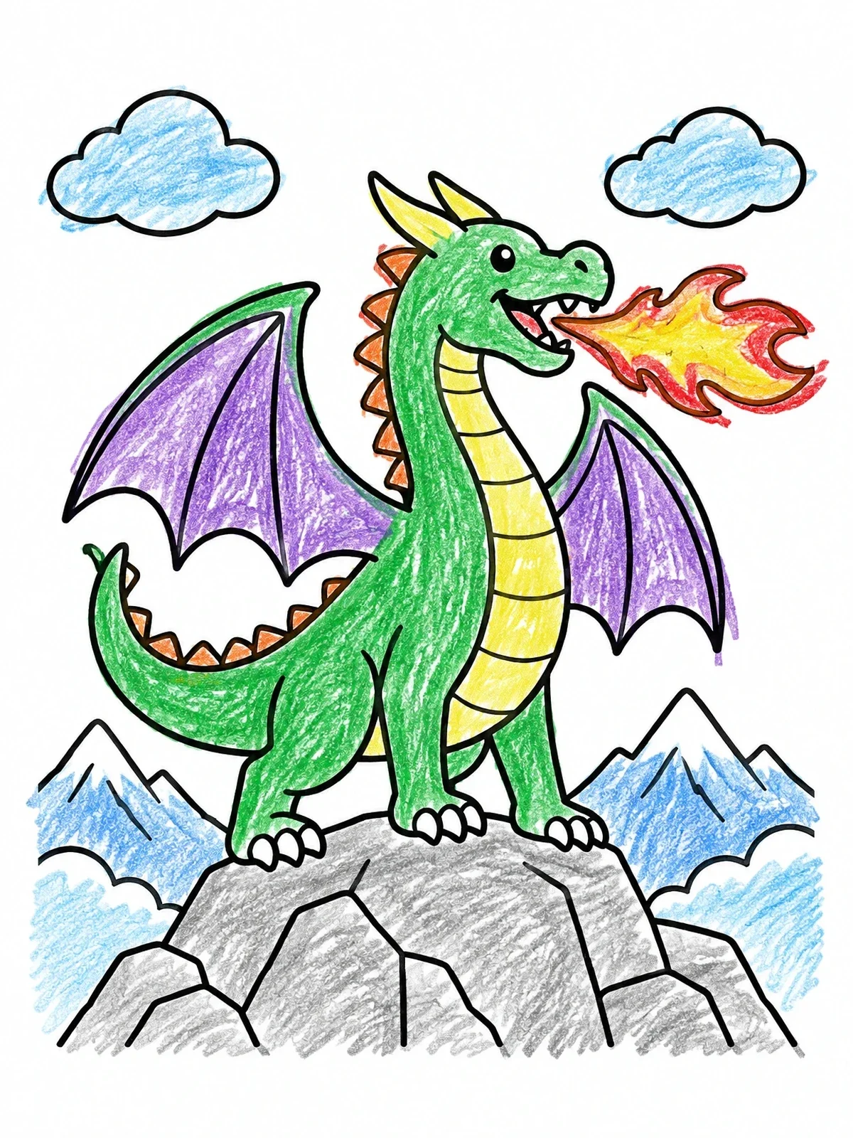 Colored example of the Friendly Dragon Breathing Fire On Mountain coloring page