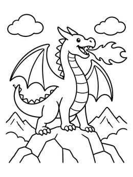 Free printable Friendly Dragon Breathing Fire On Mountain coloring page
