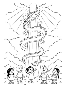 Kids watching an Asian dragon coloring page winding up a tall pillar into the clouds.