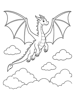 A friendly dragon coloring page showing a winged creature soaring above fluffy clouds.