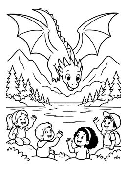 A friendly dragon coloring page showing happy children waving at a flying dragon by a mountain lake.